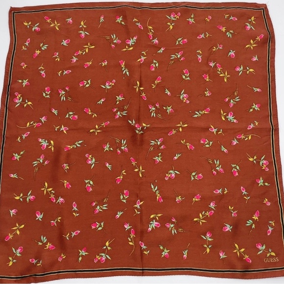 Guess Flower Pattern Brown Silk Square Scarf - Picture 1 of 7
